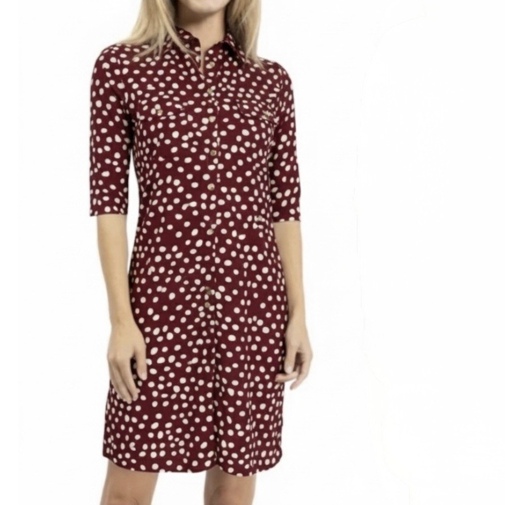 Jude Connally Dark Red Sloane Jude Cloth 3/4 Sleeve Shirt Dress Size XL‎ Pockets